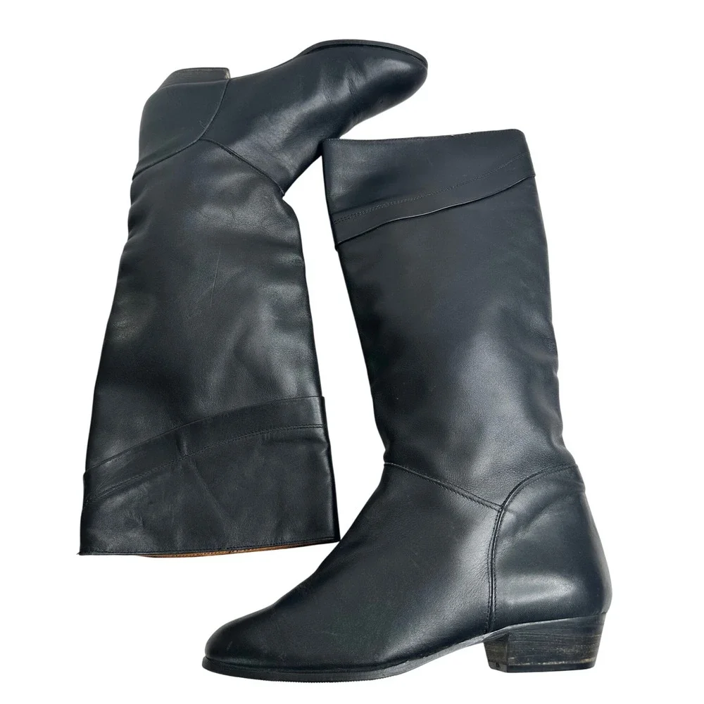 Black Leather Knee High Boots Women Made in Spain Size 8‎ Boho Western Chic